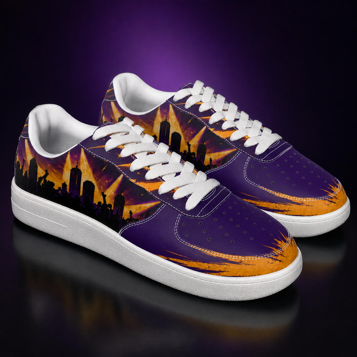 Purple & Gold Hoops Fan Custom Air Shoes – City Lights Edition
